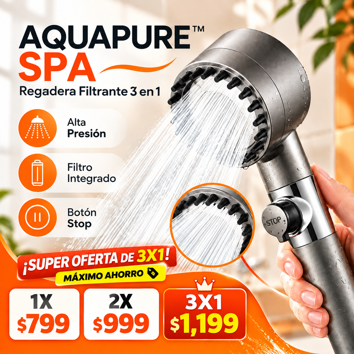 AQUAPURE SPA™ | Regadera Filtrante 3 en 1