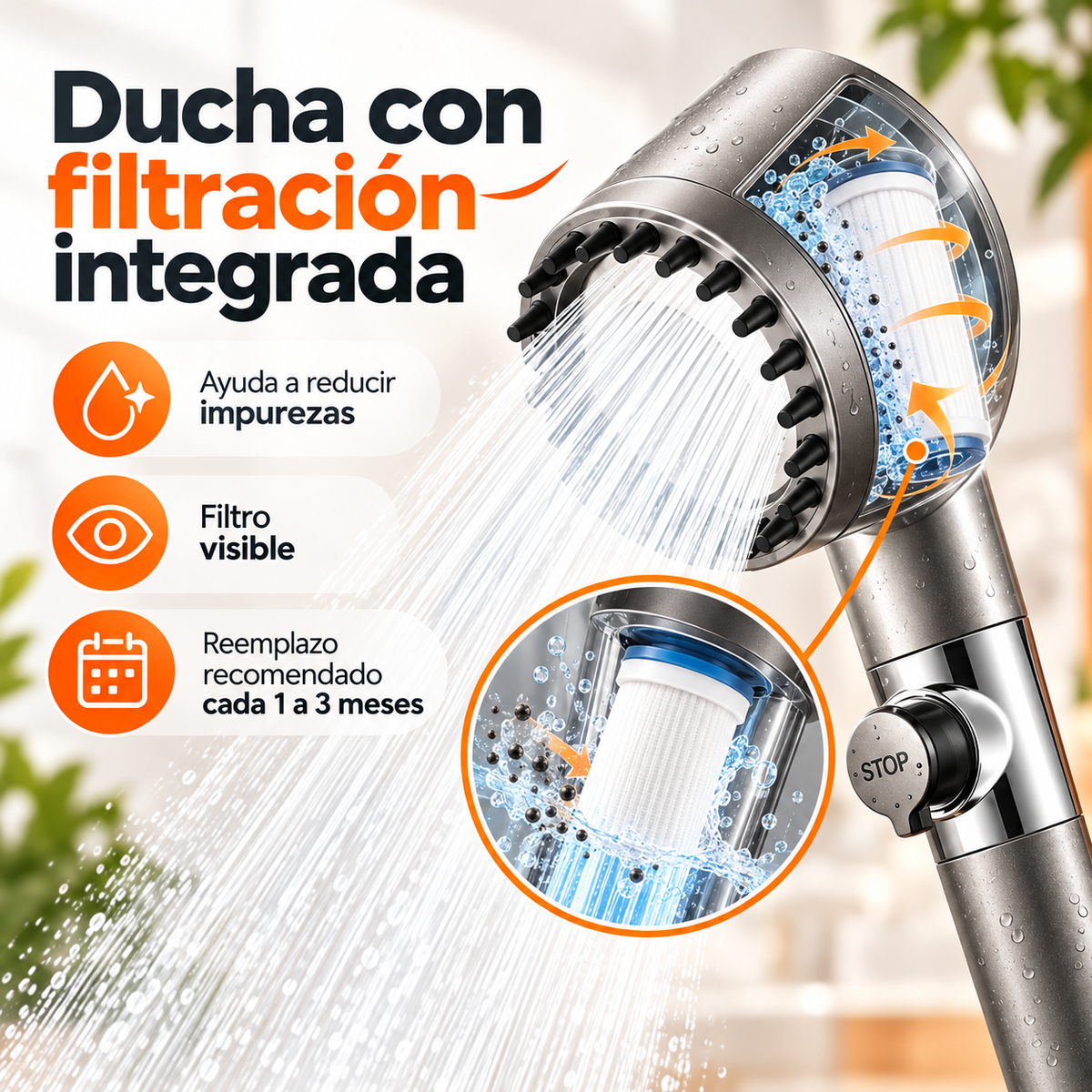 AQUAPURE SPA™ | Regadera Filtrante 3 en 1